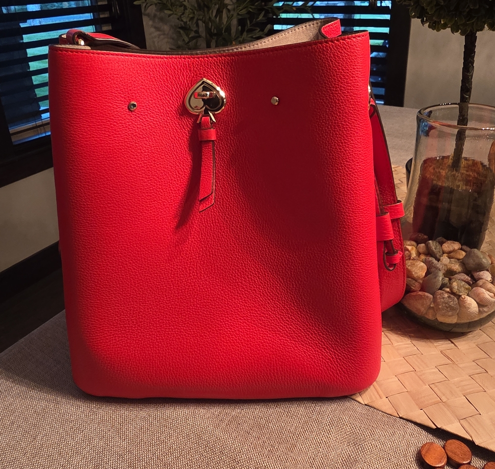 kate spade Red Pebbled Leather Bucket Shoulder Bag with Gold Accent